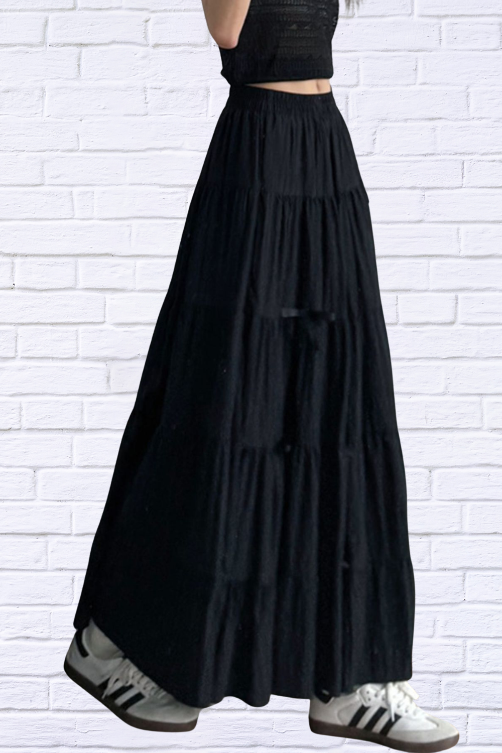 Tiered Elastic Waist Maxi Skirt Black