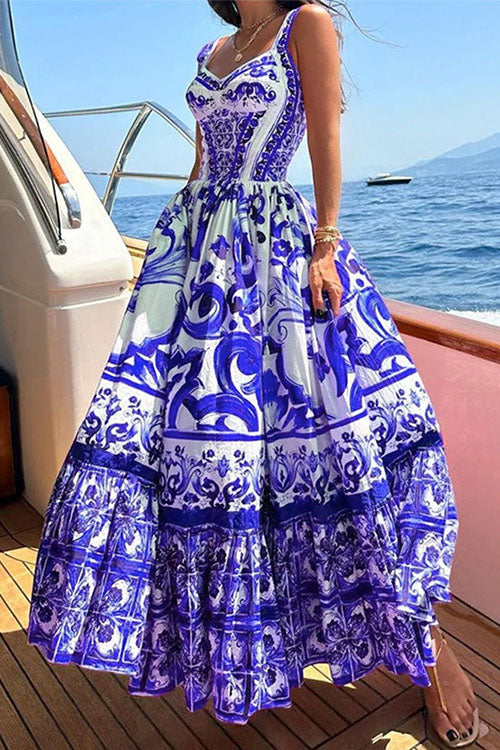 V Neck Waisted Floral Print Swing Maxi Cami Dress Purple