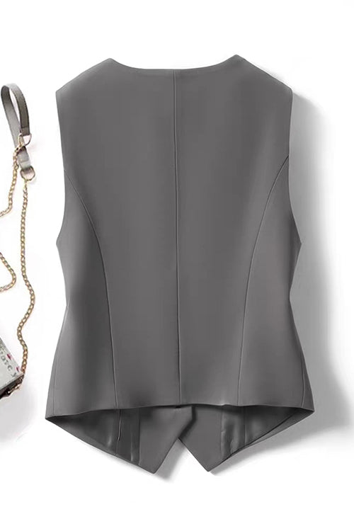 V Neck Button Up Pocketed Blazer Vest