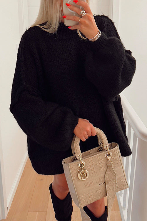 Drop Shoulder Plain Casual Pullover Sweater Black