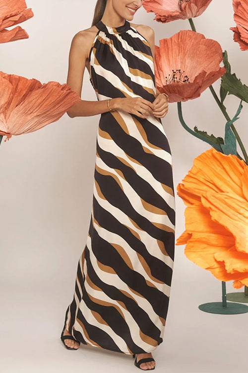Tie Neck Sleeveless Color Block Printed Maxi Dress
