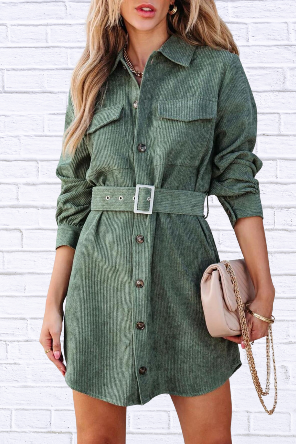 Button Front Belt Long Sleeve Corduroy Dress Green