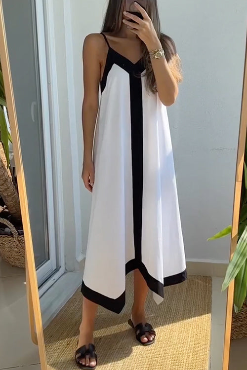 V Neck Color Block Midi Cami Vacation Dress