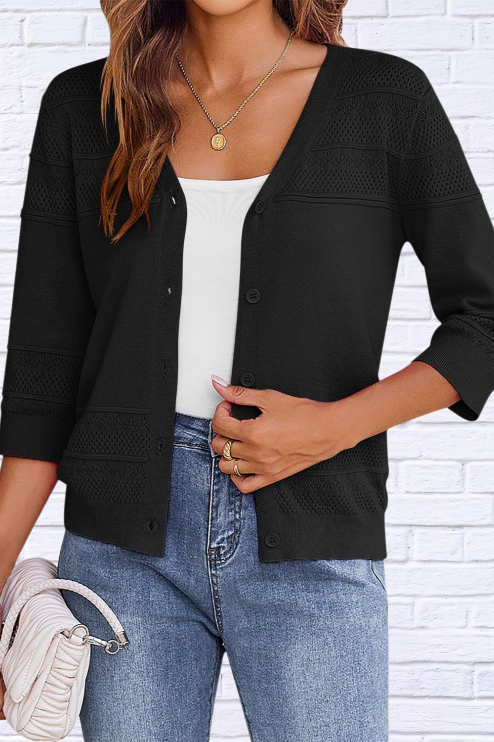 Button Up 3/4 Sleeve Cardigan – Classic Comfort with a Modern Twist Black