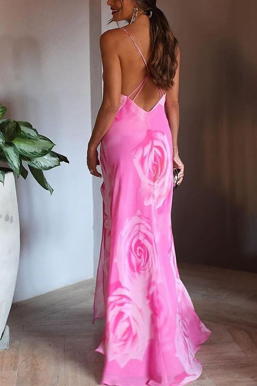 Spaghetti Strap Open Back High Slit Floral Maxi Dress