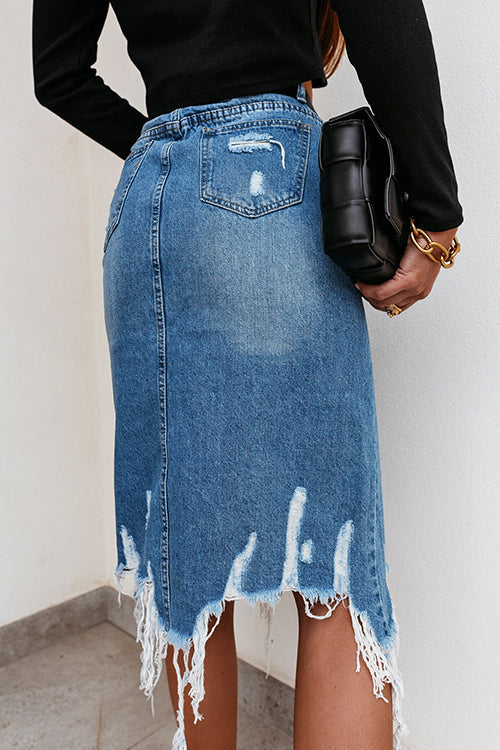 Irregular Frayed Hem Ribbed Denim Skirt