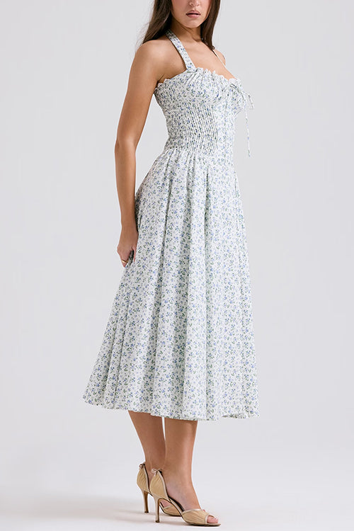 Halter Sleeveless Ruched Waist Floral Print Swing Midi Dress