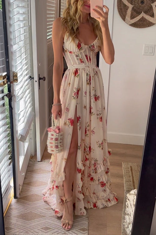 Spaghetti Strap Ruffle Layered Slit Dainty Floral Maxi Dress White
