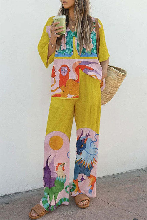Unique Print 3/4 Sleeves Button Down Shirt Wide Leg Pants Holiday Set Yellow