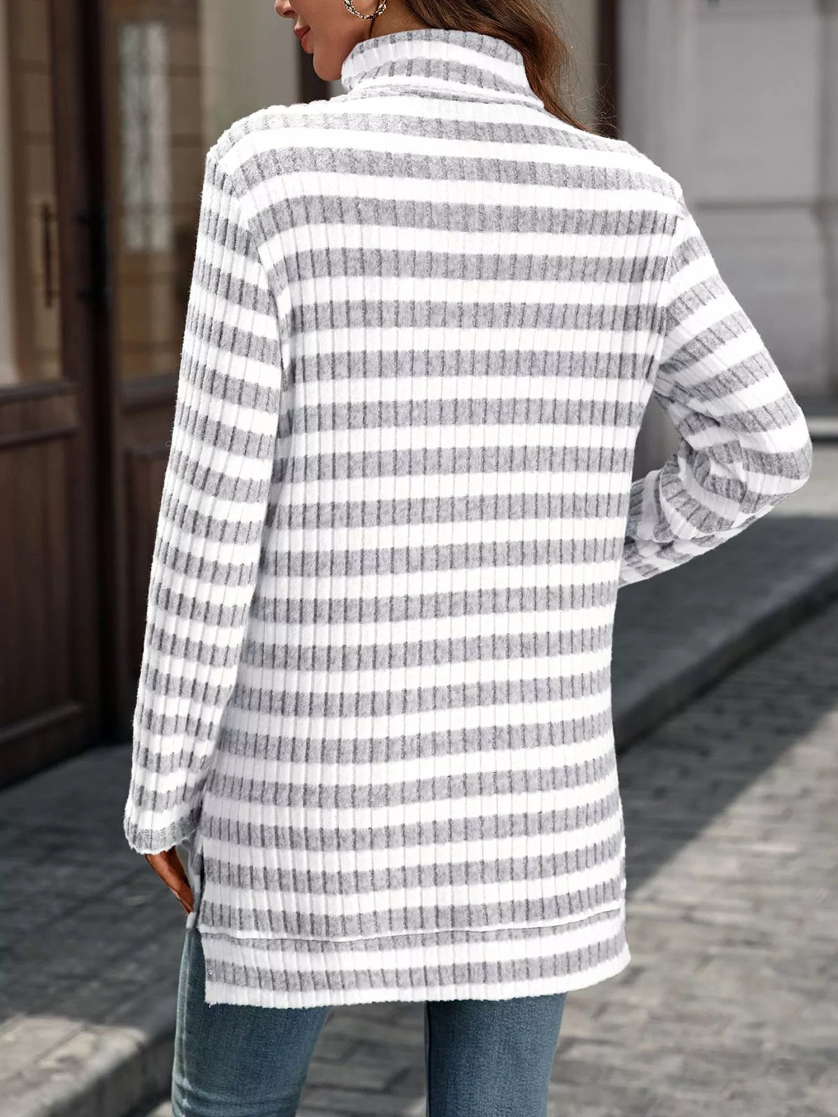 Striped Ribbed Knit Turtleneck Long Sleeve T-Shirt