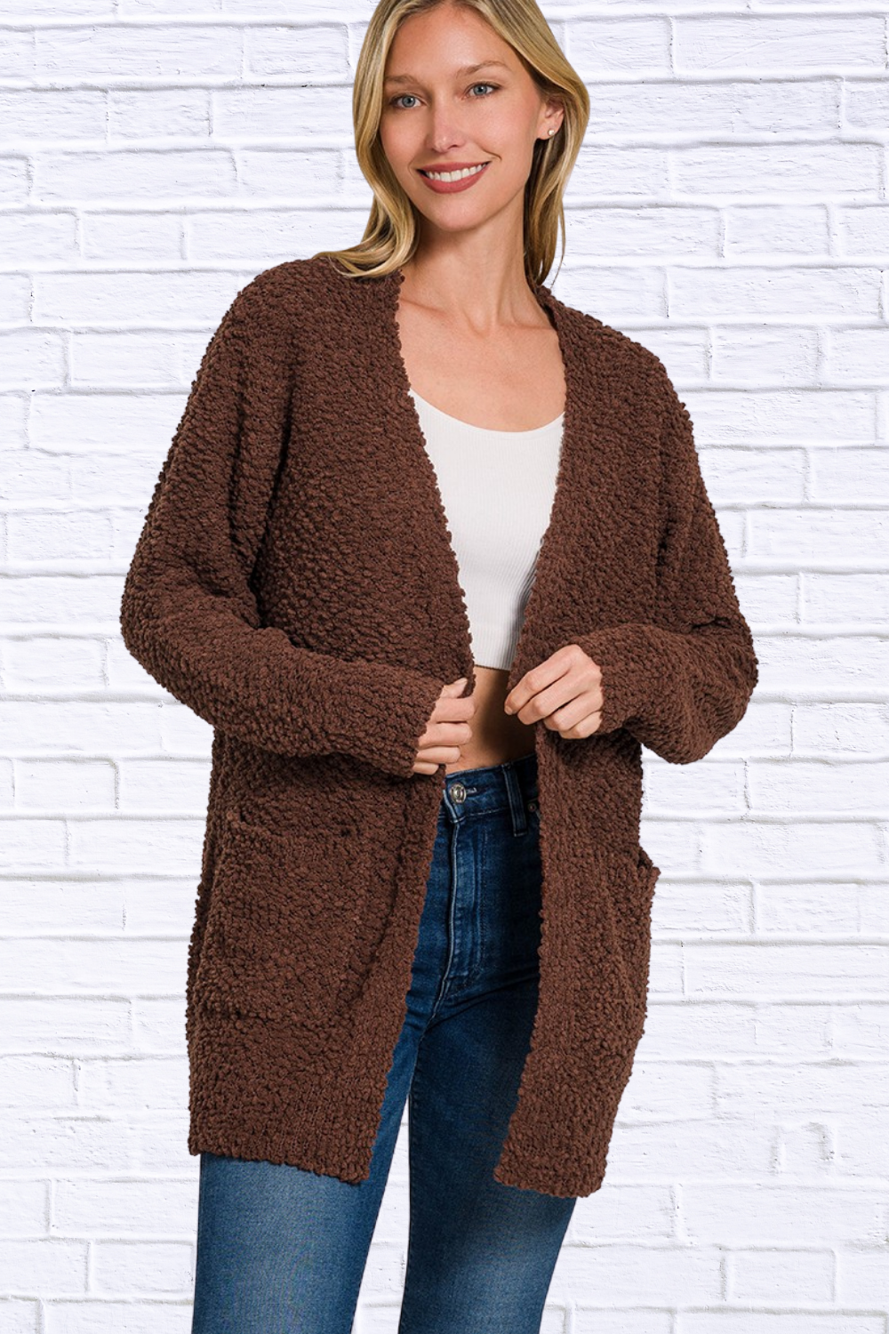 Brown Long Sleeve Popcorn Sweater Cardigan with Pockets BROWN