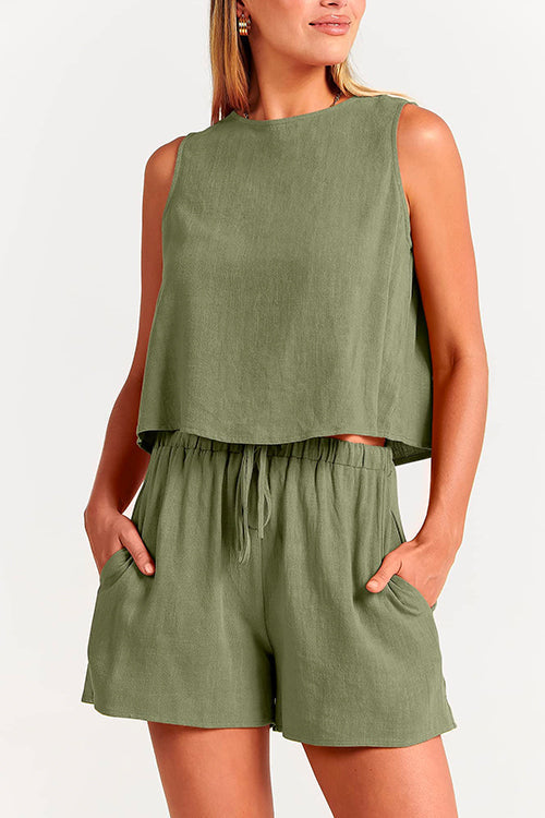 Solid Crewneck Crop Tank Top Drawstring Waist Shorts Set Pea Green