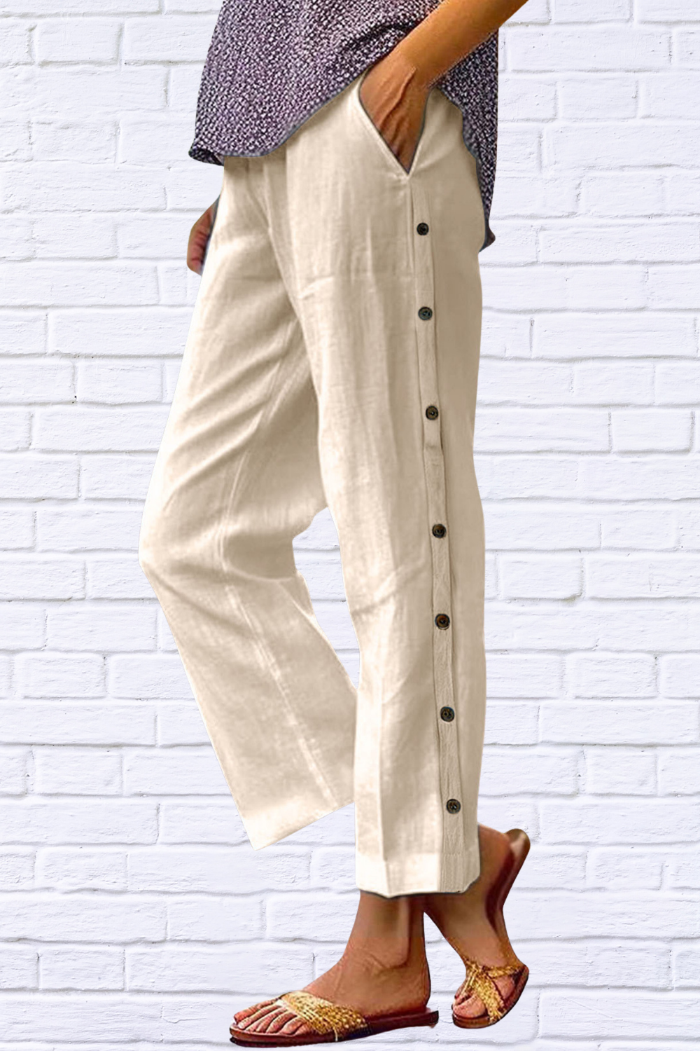 Full Size Side Decor Button Casual Wide Leg Pants Plus Size Apricot