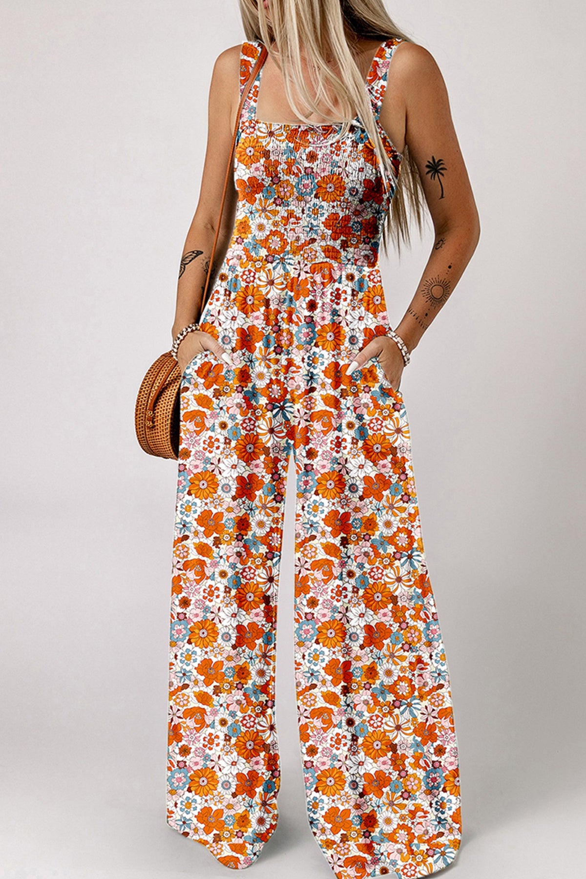 Orange Floral Print Sleeveless Smocked Shift Jumpsuit