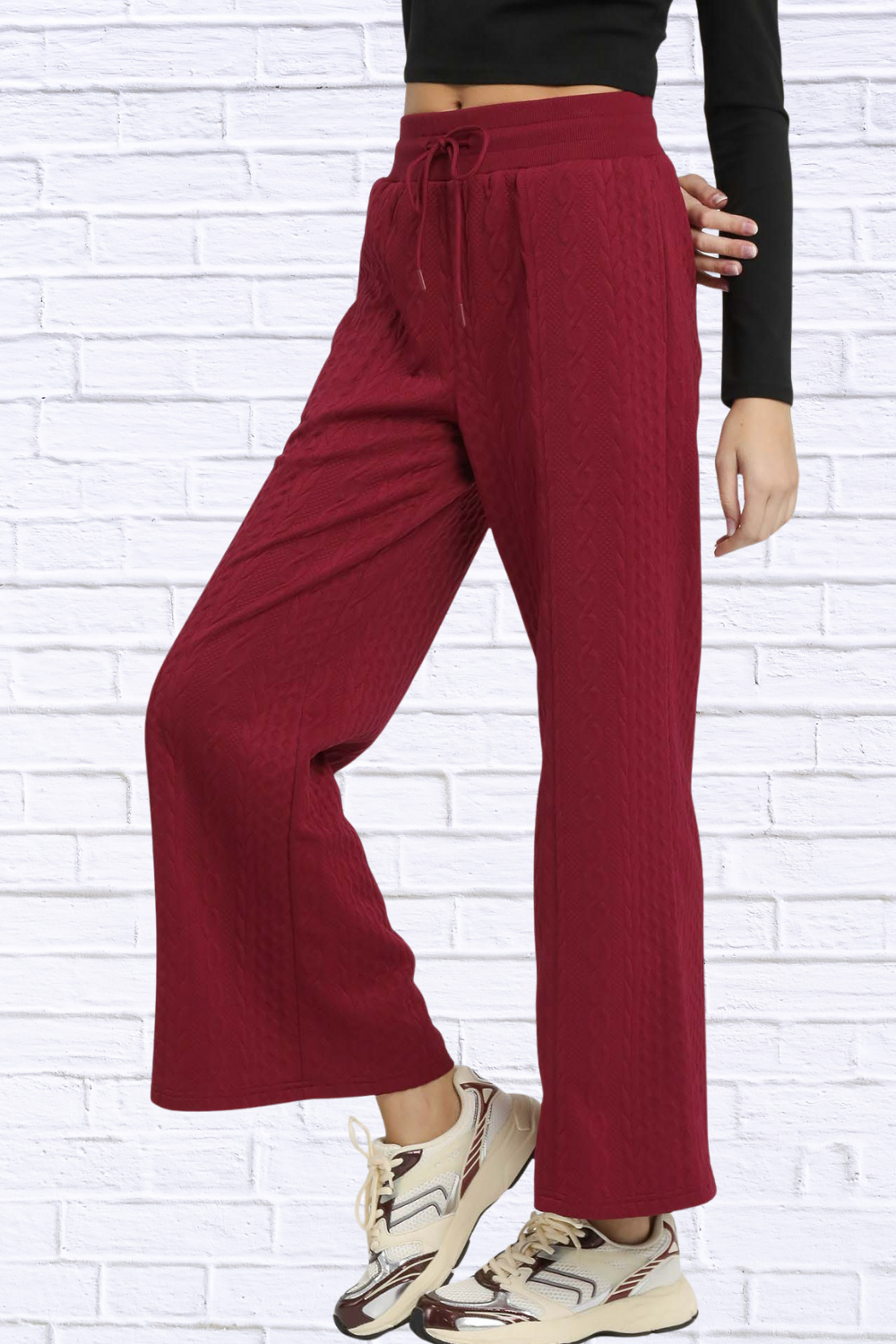 Burgundy Cable Knit Textured Wide Leg Pants BURGUNDY S
