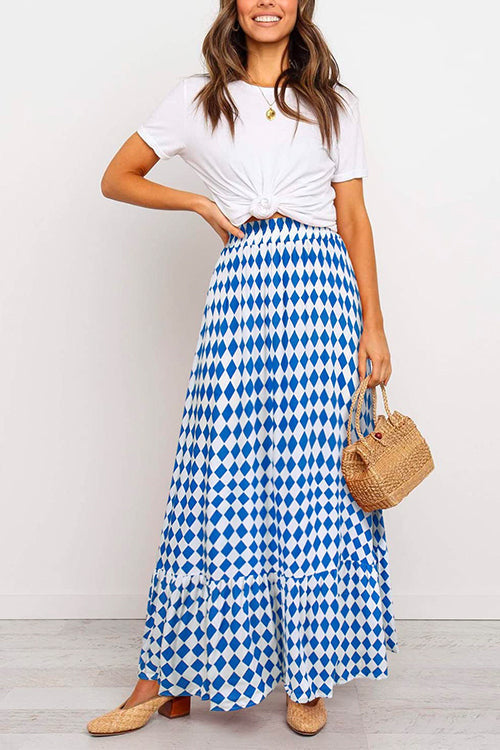 High Waist Bohemia Printed Maxi Ruffle Beach Skirt Blue
