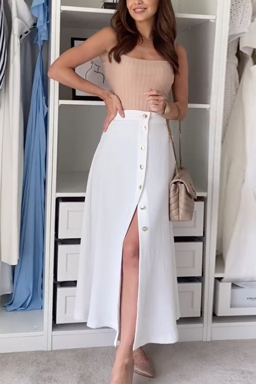 Button Up Slit A-line Midi Skirt