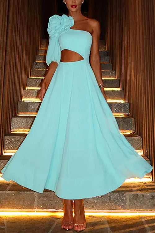 3D Flower One Shoulder Cut Out Waist A-line Midi Dress LightBlue