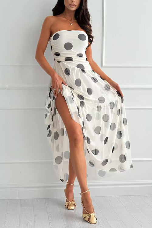 Strapless Polka Dot Mesh Ruffle Hem Maxi Dress