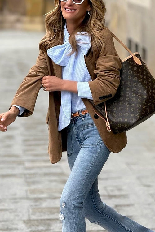 Bow Neck Long Sleeves Gingham Print Shirt