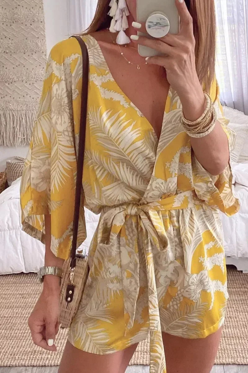 Wrap V Neck Tie Knot Leaf Print Batwing Romper