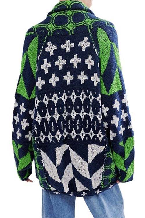 Button Down Drawstring Hem Geometric Pattern Sweater Cardigan