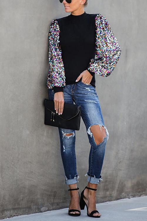 Creneck Sequin Lantern Sleeve Knitting Blouses
