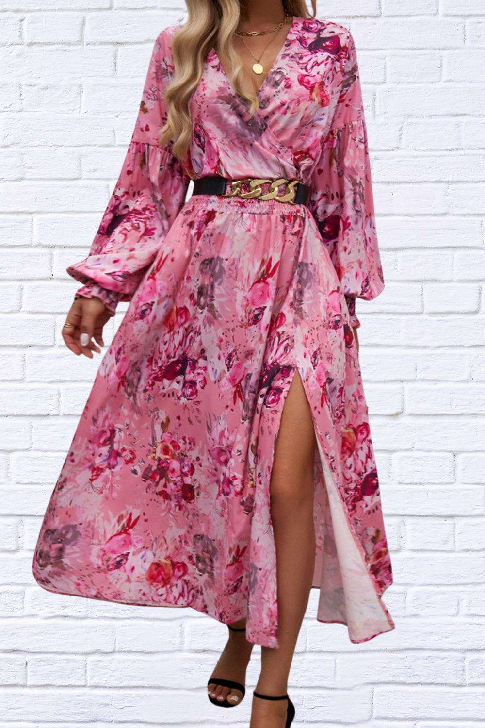 Split Printed Surplice Long Sleeve Midi Dress Dusty Pink