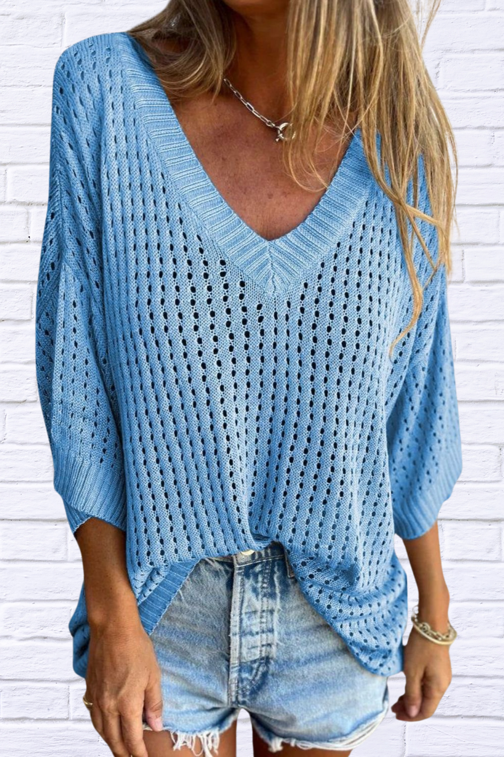Full Size Openwork V-Neck Knit Cover Up Plus Size Sky Blue
