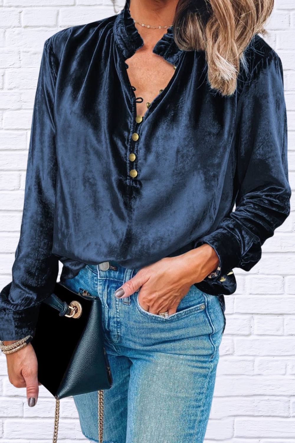 Frill Half Button Mock Neck Long Sleeve Blouse Peacock Blue