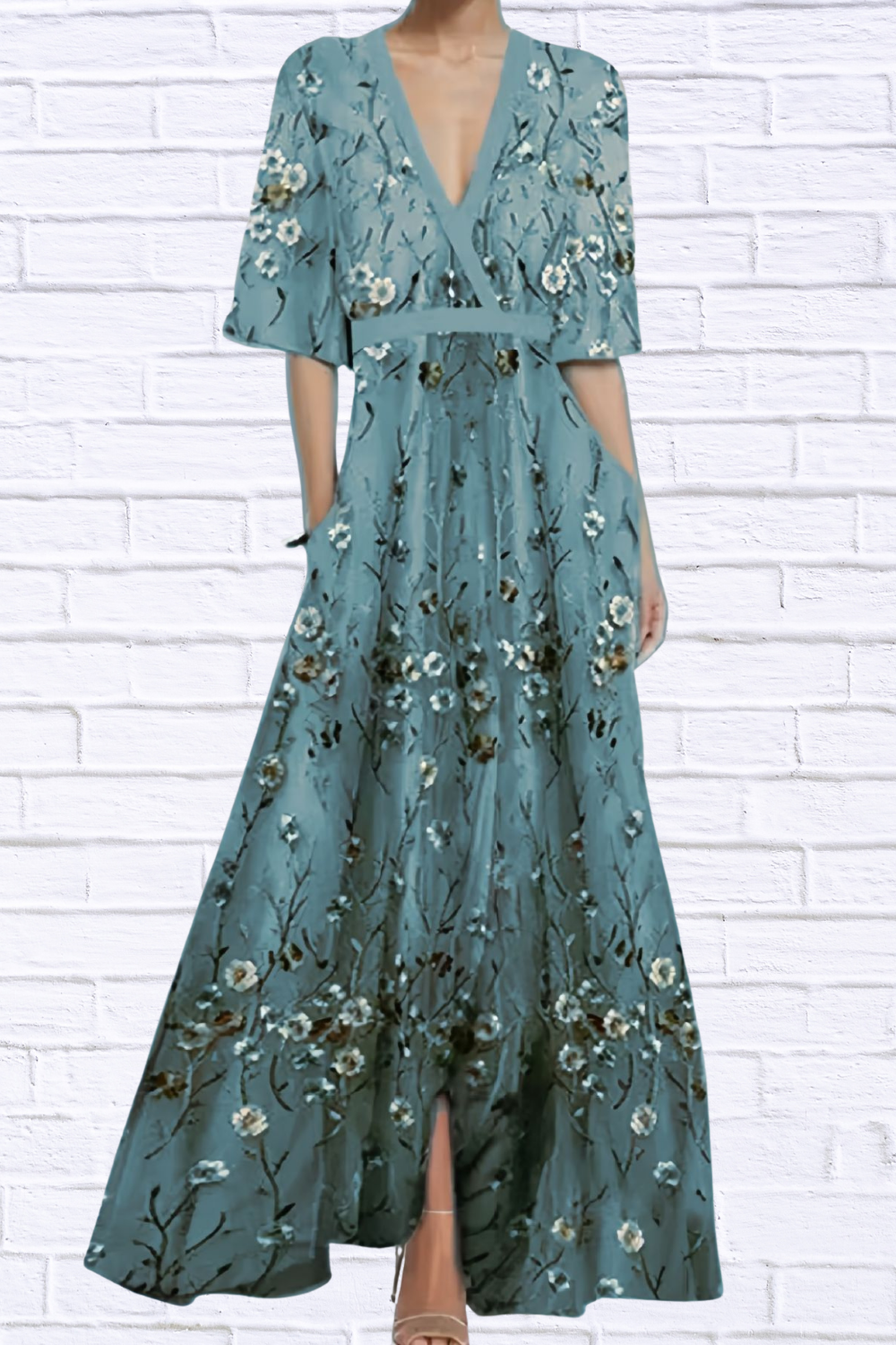 Floral Print Half Sleeve Maxi Dress Air Force Blue