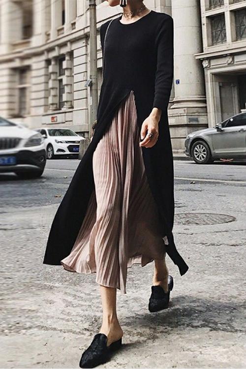 Splice Color Block High Split Dress Black