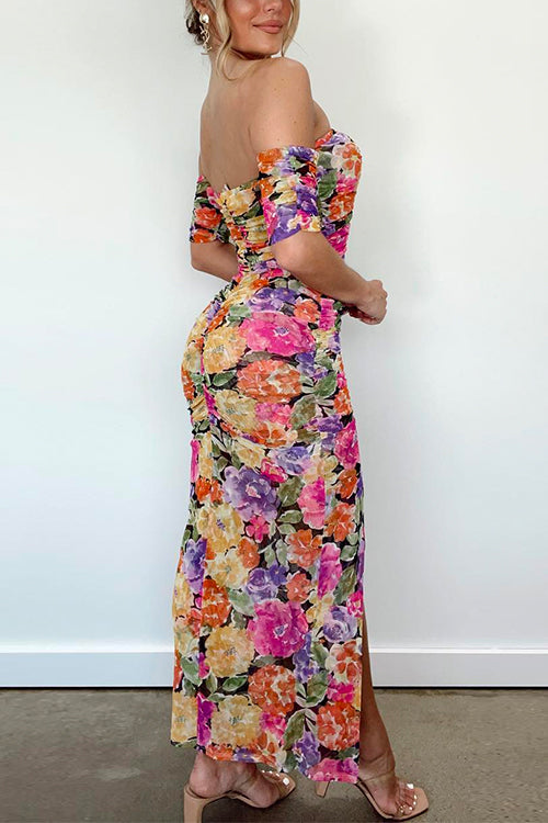 Off Shoulder Side Split Ruched Floral Bodycon Maxi Dress