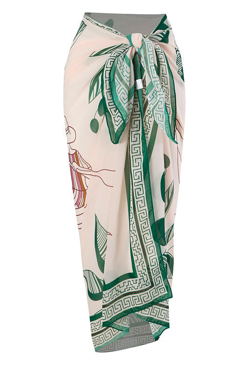 Bow Front One-piece Swimsuit and Printed Wrap Cover Up Skirt Set Cover up OneSize