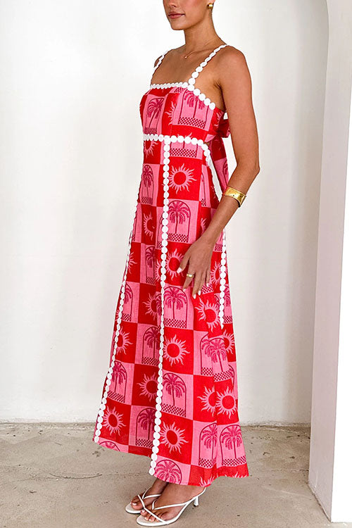 Ric Rac Trim Bow Back Palm Soleil Print Maxi Cami Dress