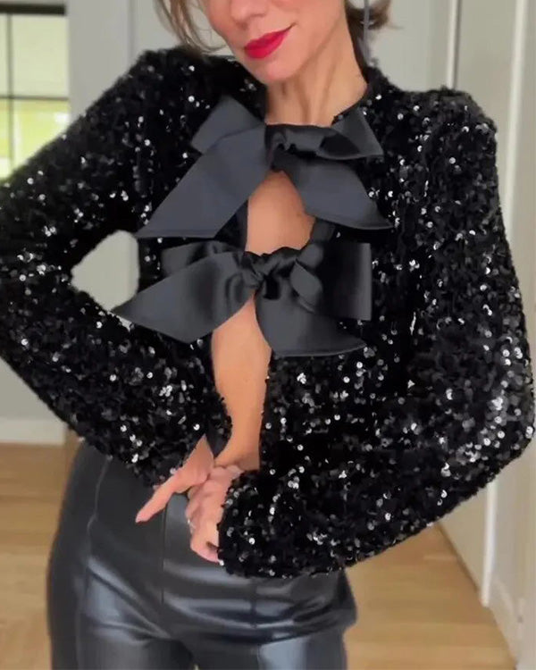Clidress Sequin Bowknot Close 2 Way Style Jacket