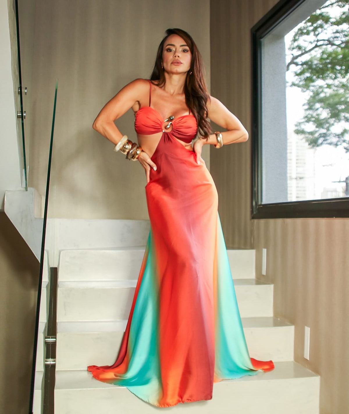 Neon Sunset Printed Metal Decoration Cutout Back Tie-up Vacation Maxi Dress