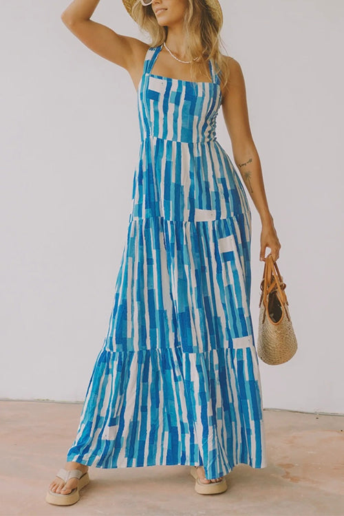 Square Collar Tiered Striped Maxi Cami Dress LightBlue