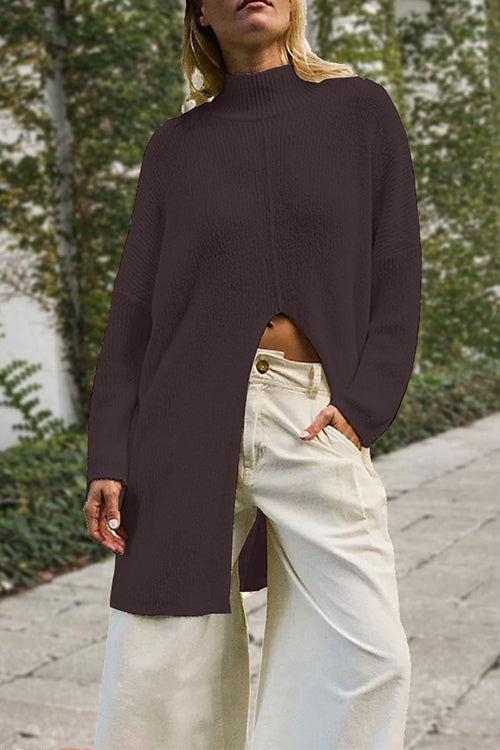 Mockneck Drop Shoulder Slit Front Loose Sweater Brown