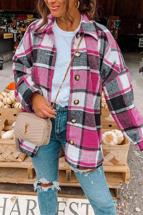 Drop Shoulder Button Up Plaid Shirt Coat HotPink
