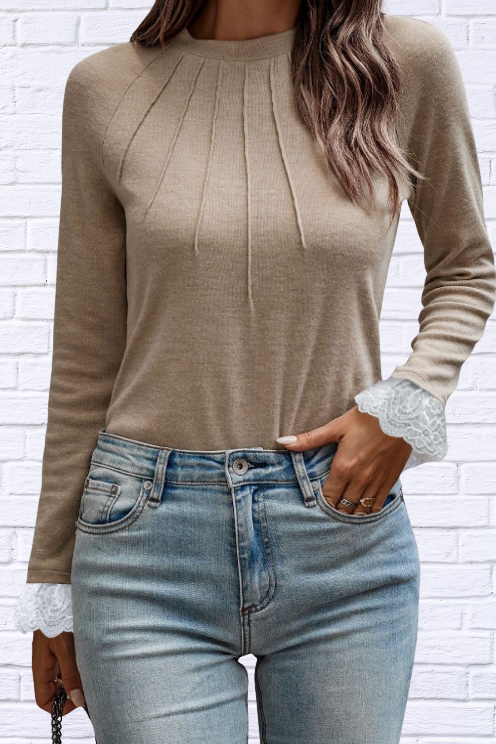 Audrey Lace Detail Round Neck Long Sleeve T-Shirt Khaki