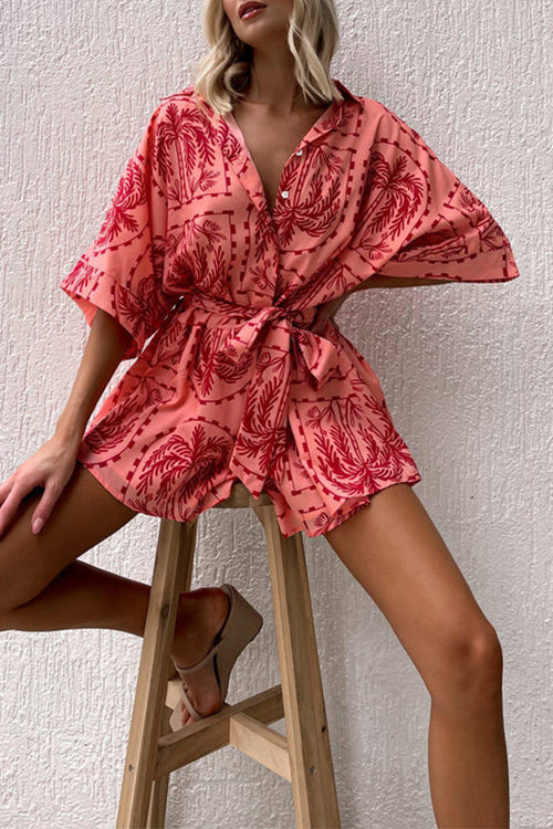 Short Sleeves Button Up Tie Waist Printed Romper Red