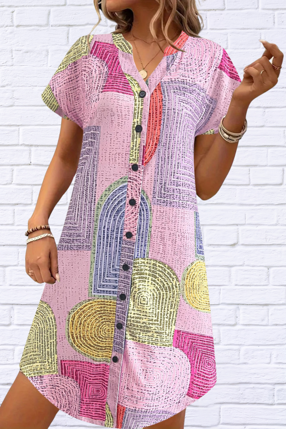 Geometric V-Neck Short Sleeve Button-Front Dress Pink