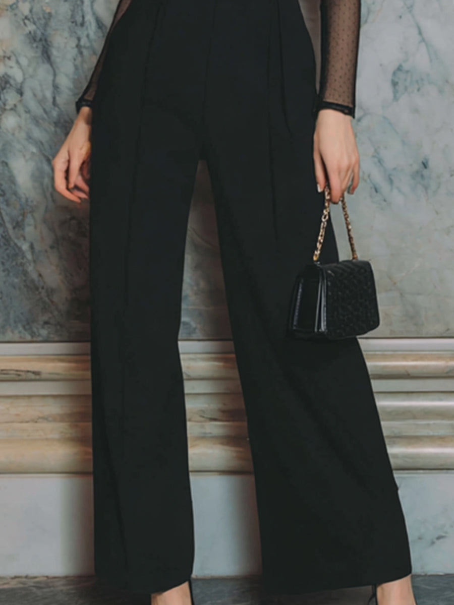 Black Mesh-Sleeve Tailored Wide-Leg Jumpsuit With Belt