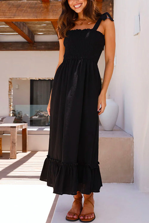 Wide Straps Bow Shoulder Smocked Ruffle Maxi Dress Black