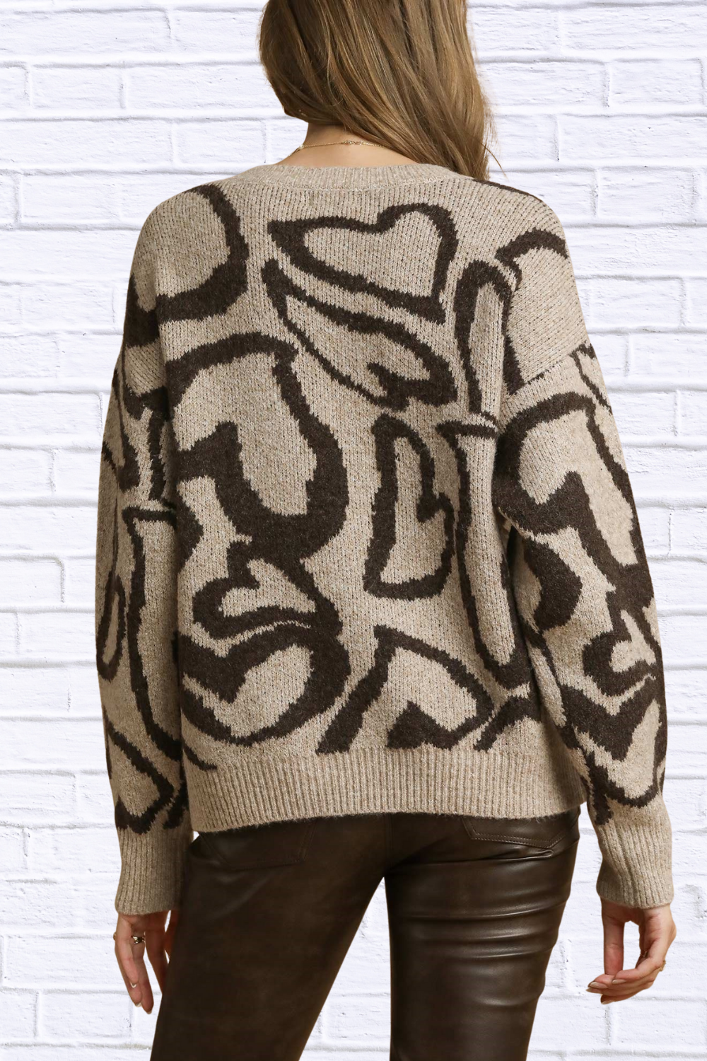 Umgee Heart Print Crew Neck Sweater
