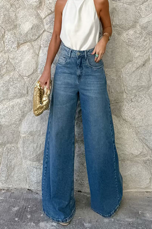 High Waist One Button Pocketed Wide Leg Pants