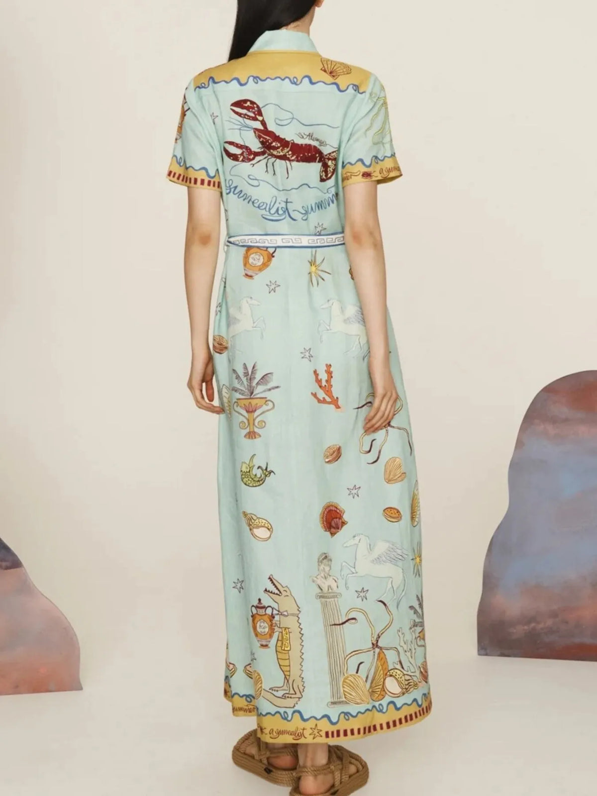 Printed Short Sleeve Maxi Shirt Dress with Belt