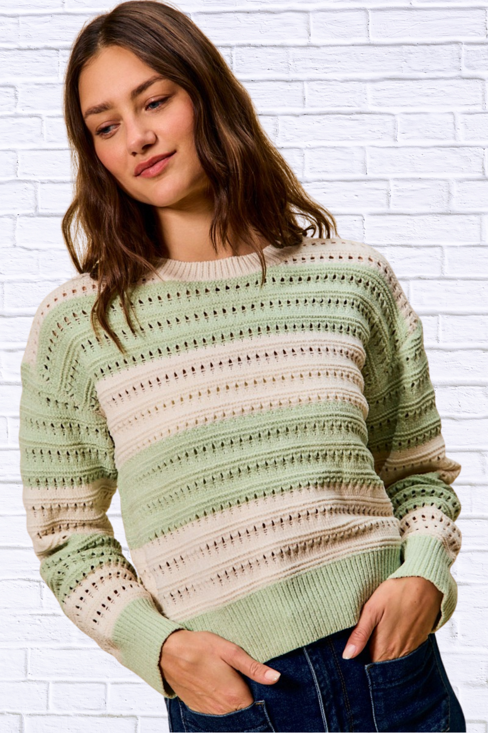 Wendy Openwork Round Neck Wide Stripe Textured Sweater