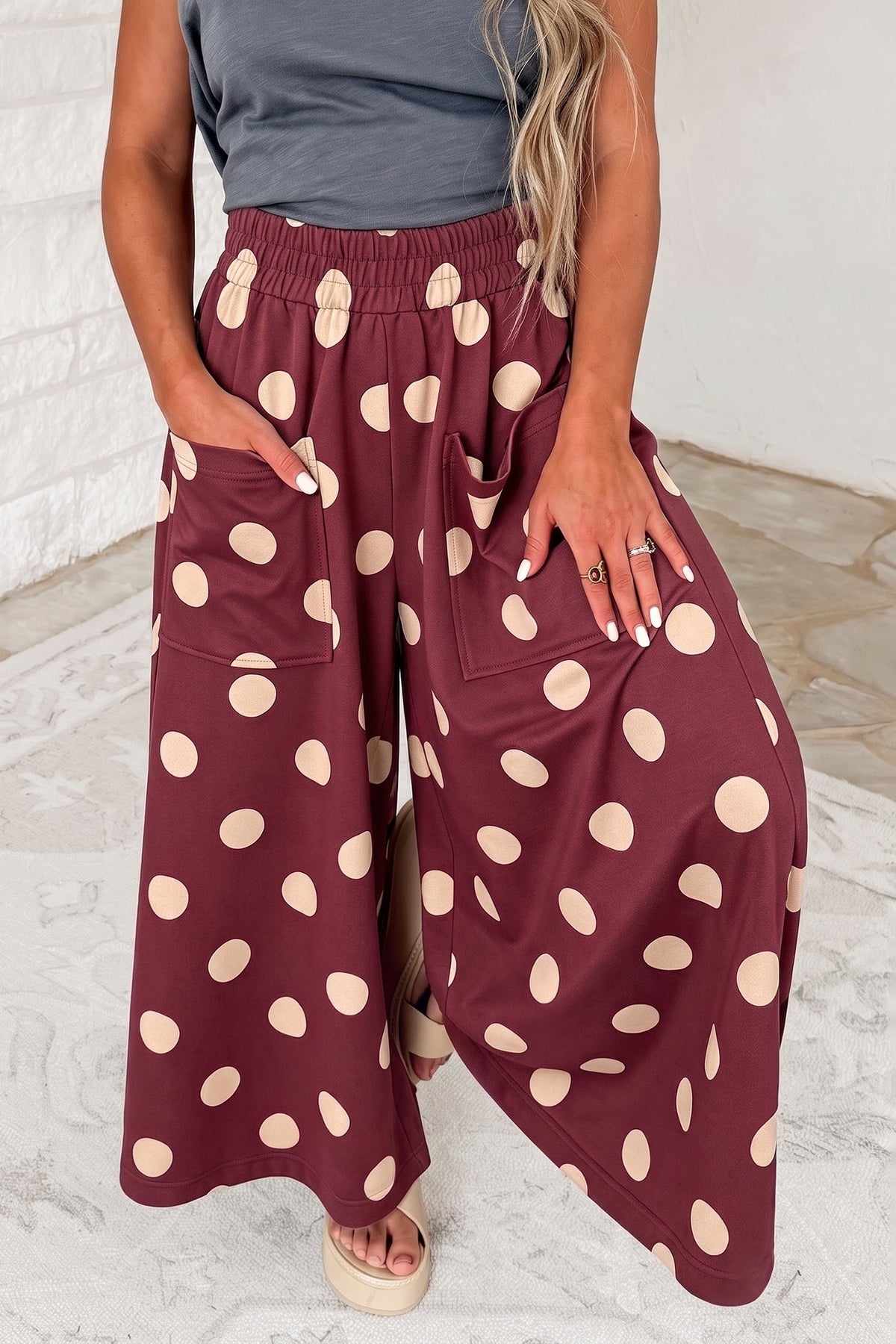 Sail Blue Polka Dot Wide Leg Elastic Waist Casual Pants